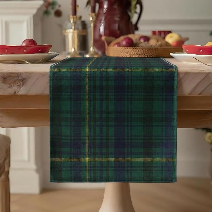 Gilprop 6 Pcs 72 x 13'' Tartan Plaid Table Runner Green and Blue | Vintage Bear Babyshower Birthday Party Dining Decor, Checkered Cloth for Home Kitchen Farmhouse, Reusable Fabric Sets