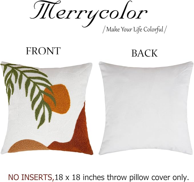 Merrycolor Boho Decorative Throw Pillow Covers 18x18 Tufted Green Decorative Pillows Covers Sun Leaf Mid Century Modern Throw Pillows for Bed Couch Sofa Living Room 1PC