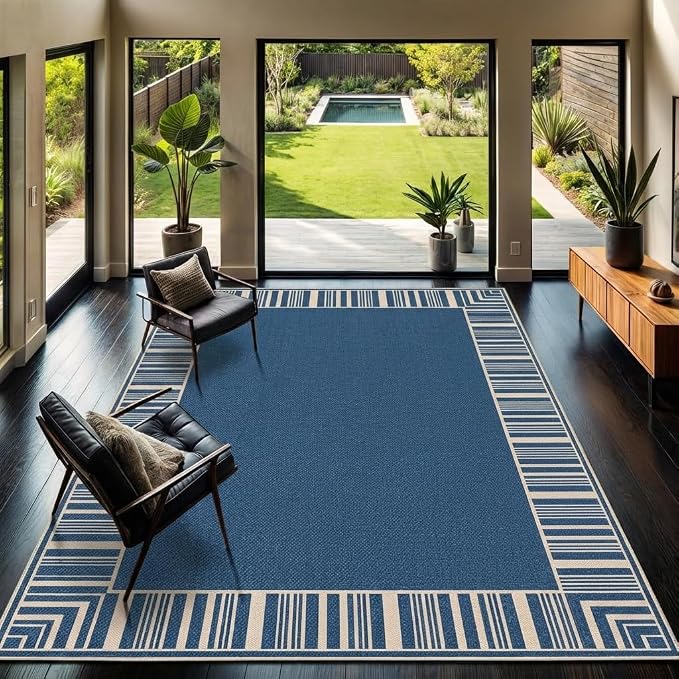 COZYLOOM 9x12 Indoor Outdoor Rugs Machine Washable Area Rugs for Living Room, Non Slip Non Shedding Bordered Easy Jute Rug Stain Resistant Modern Striped Carpet for Bedroom, Patio, Backyard, Blue