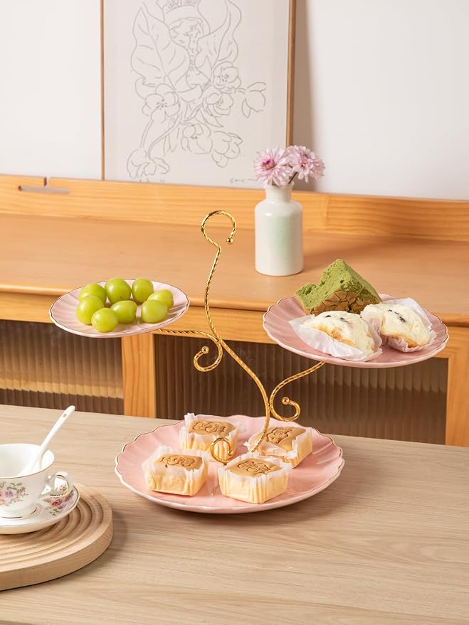 Sweejar 3 Tier Ceramic Cake Stand Wedding, Dessert Cupcake Stand for Tea Party Serving Platter (Milk Pink)
