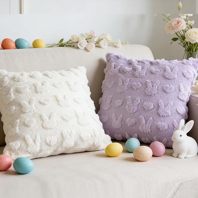 ONFAON Easter Decorations-Easter Day Pillow Covers,18x18 Inch Set of 2, White Heart and Bunny Soft Plush Faux Wool Throw Pillow Case for Bedroom Sofa Holiday Festivals Home Decor