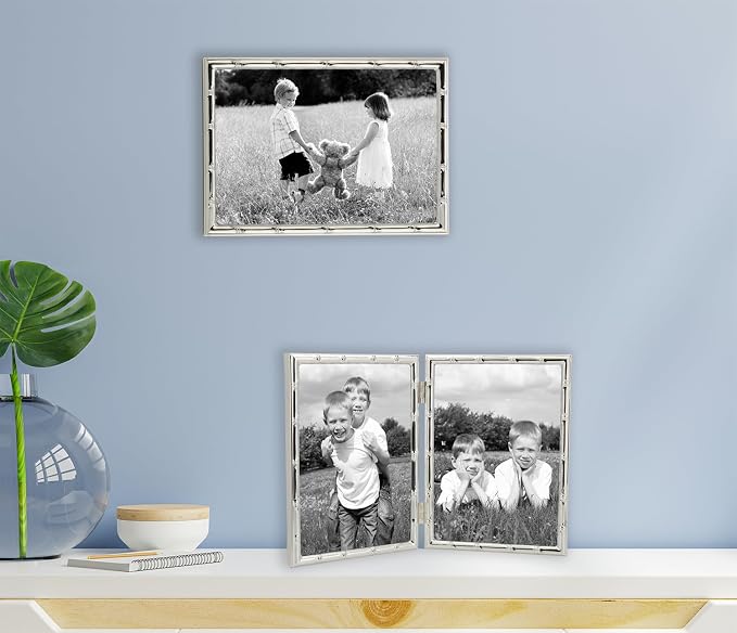 YiPinYin Silver 5x7'' Bamboo Detail Double Metal Picture Frame,Elegant Elegant Narrow Profile Silver Plated Photo Frames With Soft Velvet Backing for Desktop and Shelf Decor