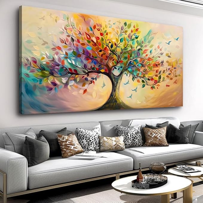 Vibrant Tree of Life Wall Art Colorful Framed Canvas Print for Living Room, Bedroom, Dining Room, or Home Office Modern Ready to Hang Decor,Nature Inspired Home Decoration - 30"x60"