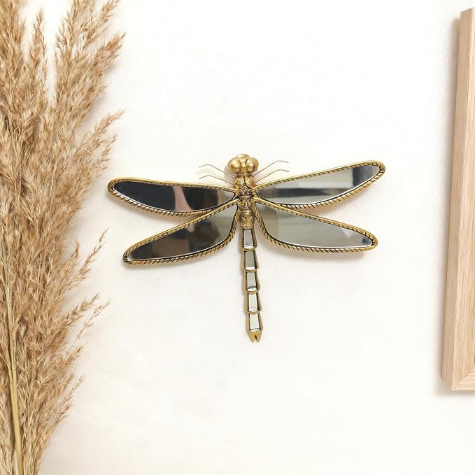 Golden Dragonfly Wall Mirror, Vintage Resin Dragonfly Mirror Wall Decor | Decorative Dragonfly Mirror Wall Sculpture, Insect Mirror Wall Decor, Wall Mounted Decor for Living Room Bedroom and Entryway