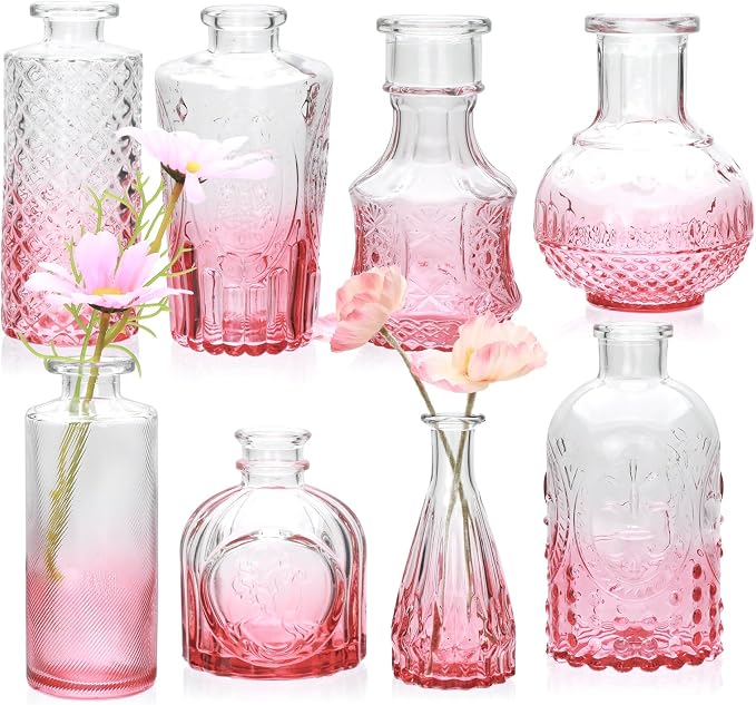 Pink Small Flower Vase Set, Glass Bud Vase in Bulk Set of 8 | Artistic and Cultural Flavor Mini Vases for Home Office Decor, Bedroom, Office, Living Room Decorations,Wedding