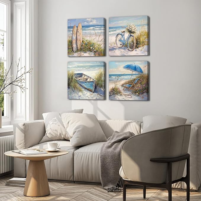Coastal Beach Canvas Wall Art Seaside Landscape Wall Decor for Bathroom Beachy Chair Boat Flower Bike Sea Reed Picture Living Room Ocean Seascape Poster Bedroom Kitchen Home Decorations 16x16" 4P