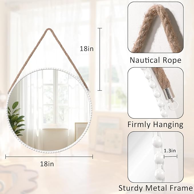 Hanging Circle Mirror Modern Metal Framed Round Mirrors Wall Decorative Rope Hanging Mirrors with Bead for Living Room Entryway Bathroom Bedroom White 18"
