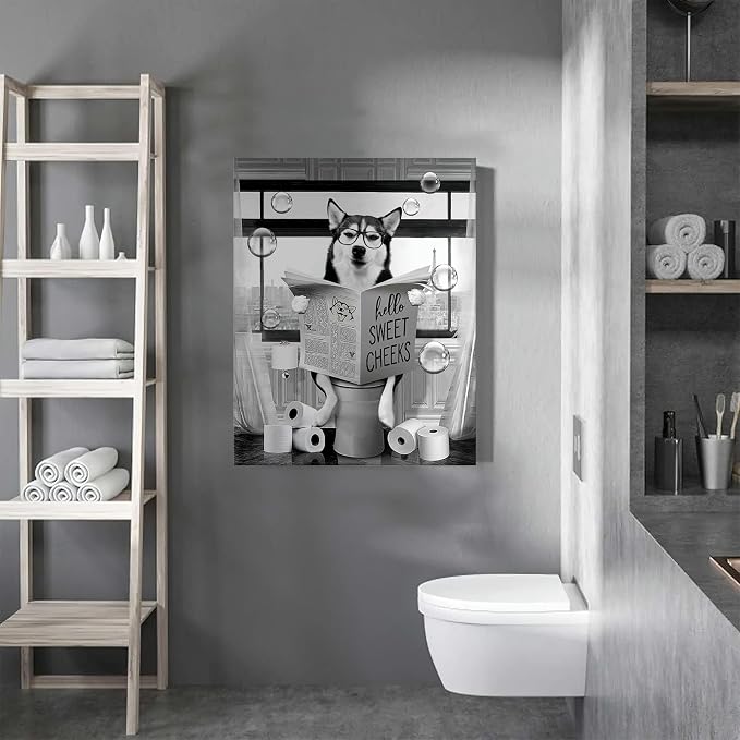 Funny Husky Dog Wall Art - Black and White Bathroom Print Farmhouse Animals Decor - Dog Sitting in Toilet Reading Newspaper Painting Framed Artwork 12x16 inch