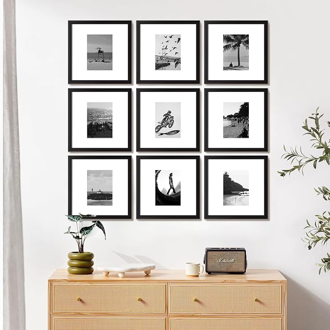 eletecpro Picture Frames Set of 9, 12x12 in, Acrylic Cover, Black | Display Multi Sizes with Mat or 12x12 without, Square Gallery Collage, Wall Mount, Minimalist Home