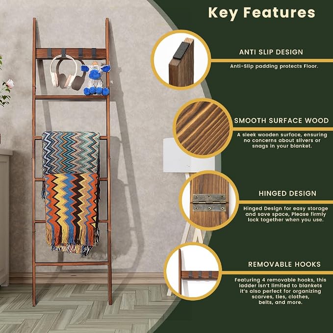 Wooden Blanket Ladder for Living Room 6-Tier, Decorative Ladder Blanket Rack & Quilt Ladder Decor, Rustic Farmhouse Wood Ladder with Removable Hooks, Anti-Slip Sturdy Blanket Holder, 68 Inch, Brown