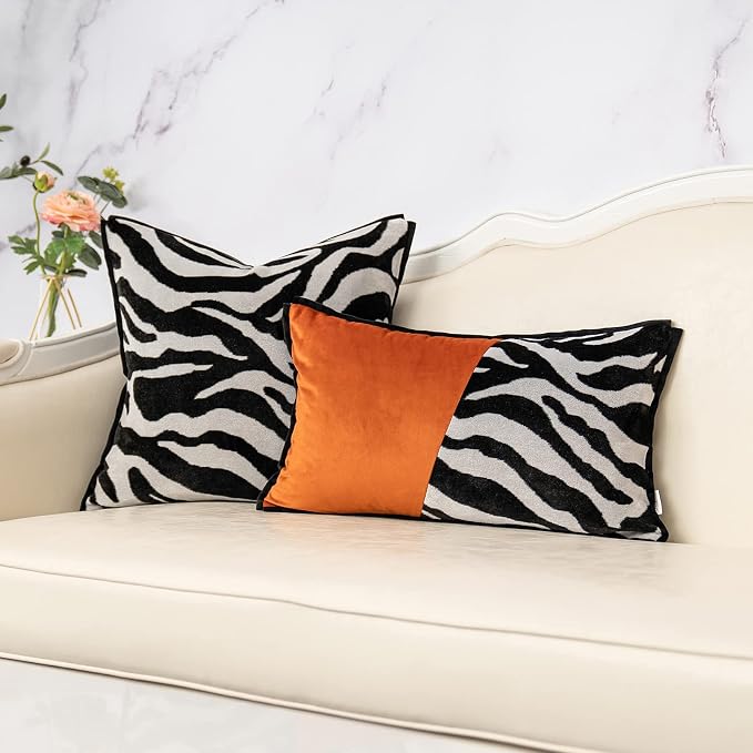 Yangest Black Square Pillow Cover Cut Velvet Zebra Print Cushion Cover Luxury Modern Pillowcover for Couch Living Room Bedroom, 20x20 Inch