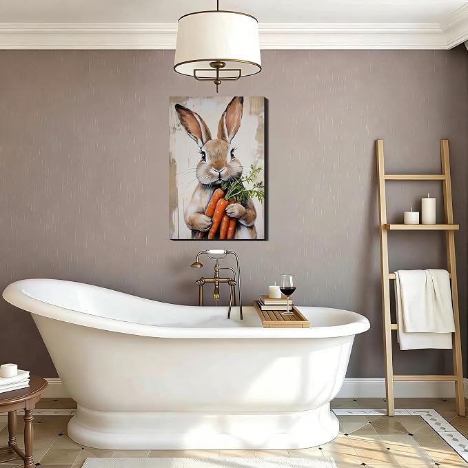 RIBNTAK Large Easter Bunny Carrot Canvas Wall Art 20x30, Framed Cute Rabbit Prints Picture for Living Room, Rustic Farmhouse Spring Wall Decor, Kids Room Holiday Easter Decoration