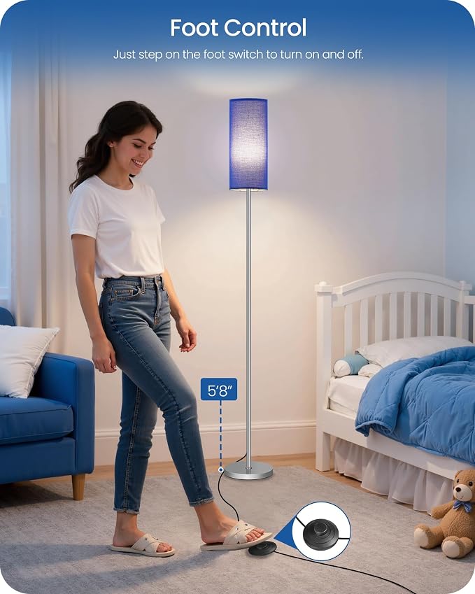 Dimmable Floor Lamps for Living Room with Remote and Foot Switch, 64.4” Modern Standing Tall Lamp, Corner Lamp for Bedroom, Office, Bulb Included, 3000K-6500K, Blue and Silver, FCC Listed SU06LD05W1
