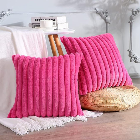 Soleebee Set of 2 Throw Pillow Covers Soft Cozy Velvet Pillowcase Faux Rabbit Fur Cover for Couch Sofa Bed Chair Home Decorative Pillows Cover (24x24 Inch, HOT Pink)