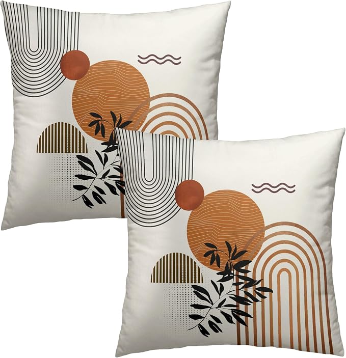 Boho Throw Pillow Covers 20x20 Inch Set of 2 Mid-Century Modern Cushion Case Geometric Tropical Leaf Sun Decorative Bohemian Pillowcase for Home Sofa Couch Patio
