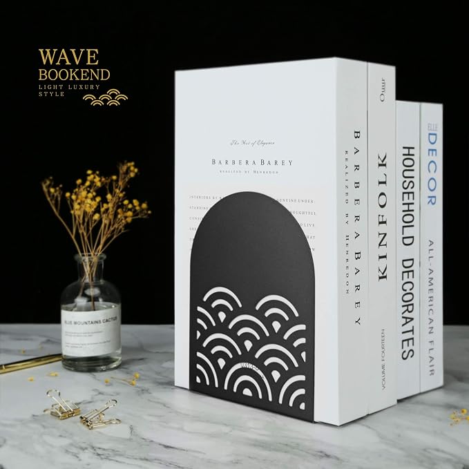 QiMing Ukiyoe Auspicious Clouds Bookends for Books,1 Pair Metal Wavy Pattern Book Holders for Office Shelves Adults Gift(Black)