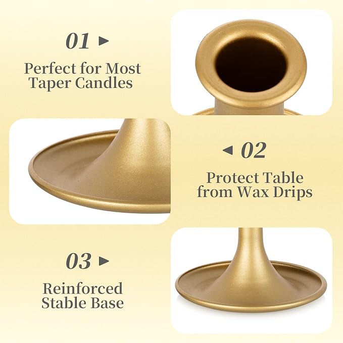 Gold Taper Candle Holder Set of 2, Hewory Short Skinny Brass Candlestick Holders, Vintage Small Low Metal Candles Sticks for Wedding Centerpieces Christmas Birthday Party Holiday Dinning Table Decor
