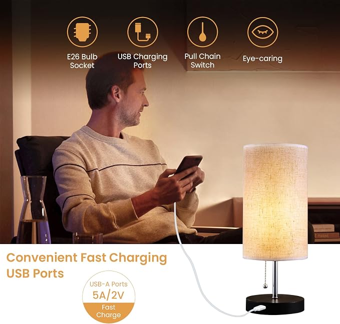 Siljoy Modern Desk Lamp, USB Table Lamp, Bedside Table & Desk Lamp with Black Wooden Base & Soft Ambient Lighting, Useful USB Charging Ports Perfect for Table in Bedroom Living Room or Office