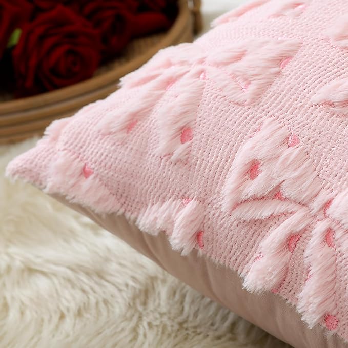 Artscope Valentines Bow Pillow Covers 16x16 Set of 2 Decorative Valentine's Day Throw Pillow Cases Soft Plush Faux Fur Couch Cushion Case for Holiday Sofa Bed Room Home Decor-Pink Bow