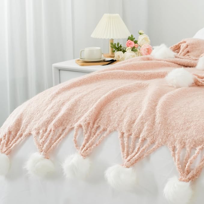 Pink Pom Pom Throw Blanket for Couch, 50"X60" Soft Lightweight Knitted Farmhouse Decorative Blankets for Bed and Sofa