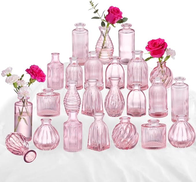 Pink Glass Bud Vases in Bulk 24 Pink Vase Small Vases for Decor | Modern Ribbed Glass Bud Vase for Wedding Flower Vase Bulks Vintage Decor Bridal Shower Centerpieces Home Table Decoration