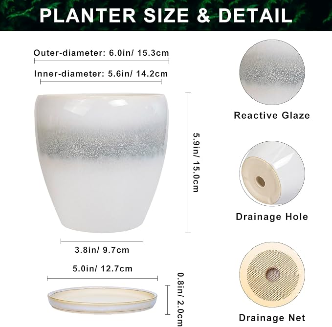 Ceramic Plant Pot - 6 Inch Ceramic Pots Indoor, White-Grey | Decorative Planter with Drainage Hole and Saucer, Modern Plant Pots for Plants, Bedroom Room Decor, Plant Lover Gifts
