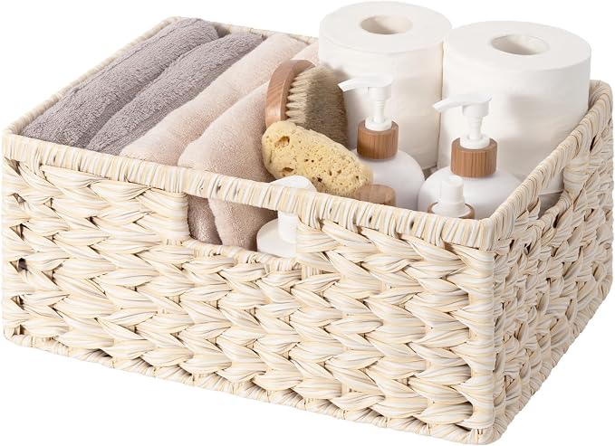 GRANNY SAYS Wicker Storage Baskets for Shelves, Waterproof Basket, 1-Pack | Plastic Wicker Baskets for Organizing, Woven Baskets for Shelves, Decorative Woven Basket for Storage, Entryway, Butter Milk