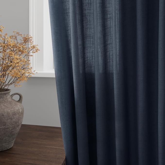 Vintage Blue Curtains 63 Inches Long 2 Panel Sets for Living Room Bedroom Light Filtering Linen Drapes for Kitchen Windows Rod Pocket Back Tab Short See Through Curtain Vintage Country Decor 52x63