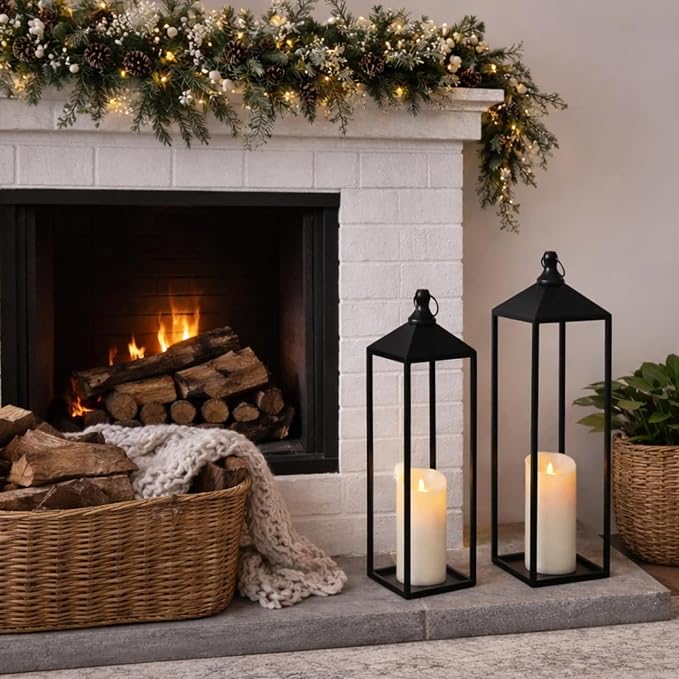 22'' 19'' Large Lanterns Decorative Outdoor Indoor, Set of 2 Candle Lantern | Black Metal Floor Lanterns Decorative for Home Decor, Mantle, Fireplace, Patio, Porch, Garden, Modern Farmhouse No Glass