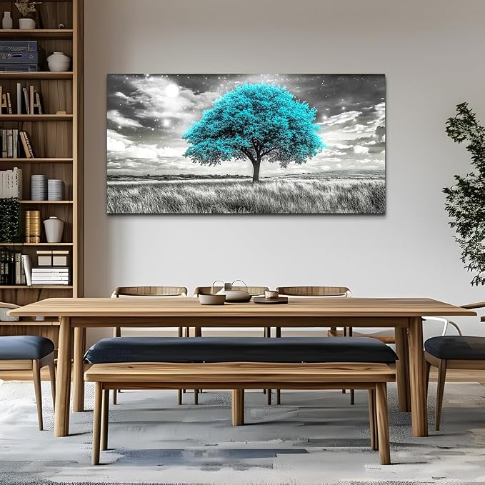 KELIYUAN Modern Canvas Print Wall Art Blue Tree Painting Full Of Stars Black And White Art pictures Natural Landscape Wall Decoration Suitable For Living Room Bedroom Office Framed Stretch 20x40 In