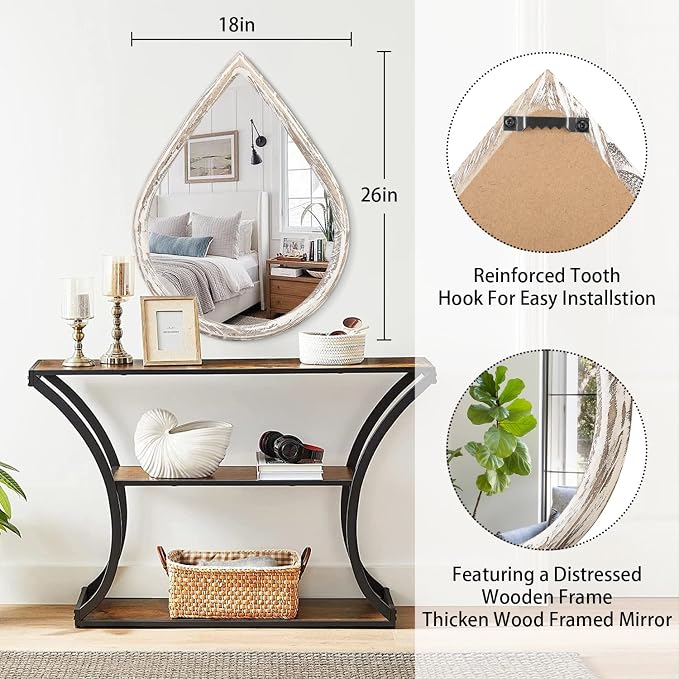 Teardrop Mirrors with Wood Frame Farmhouse Rustic White Wall Hanging Mirrors Large Decorative Mirror for Living Room Bathroom Entryway