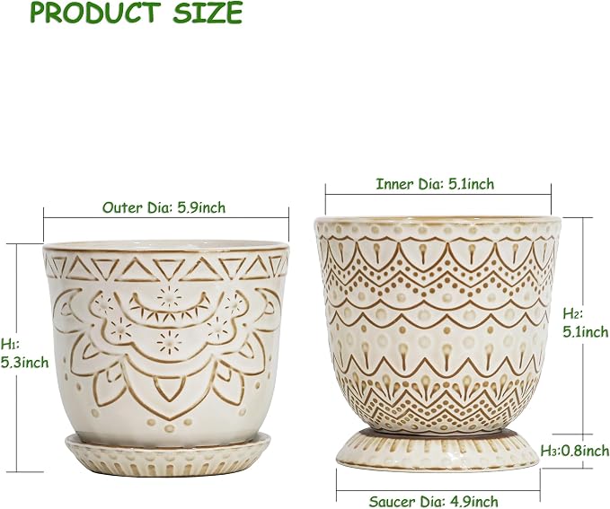 Gepege Ceramic Plant Pots, 6 Inch Indoor Planters with Drainage & Saucers | Ceramic pots for plants with drainage holes, ceramic saucers and mesh pads, ideal for flowers, herbs and succulents, set of 2