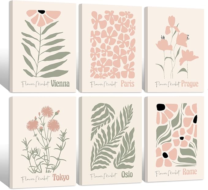 Baccone Boho Botanical Wall Art Prints Blush Pink Canvas Wall Decor Flower Market Wall Art Poster Abstract Aesthetic Pictures Pink Floral Artwork for Room Bedroom Set of 6 12x16 Inch Wrapped Canvas