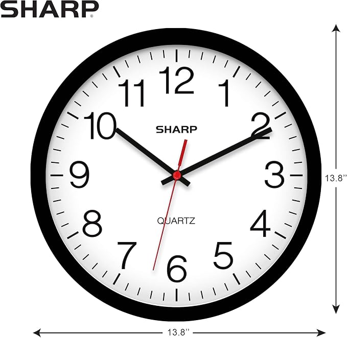 Sharp Wall Clock – Black, Silent Non Ticking 14 Inch Quality Quartz Battery Operated Round Easy to Read Home/Kitchen/Office/Classroom/School Clocks, Sweep Movement (Pack of 2)
