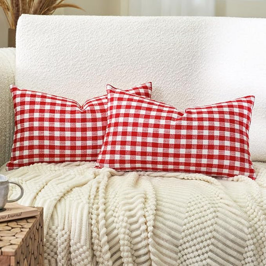 Red and White Outdoor Christmas Gingham Plaid Lumbar Pillow Covers 12x20 | Set of 2 Christmas Decorative Lumbar Pillow 12 x 20 for Couch Sofa Bed, Christmas Outdoor Porch Decor, Decoracion De Navidad