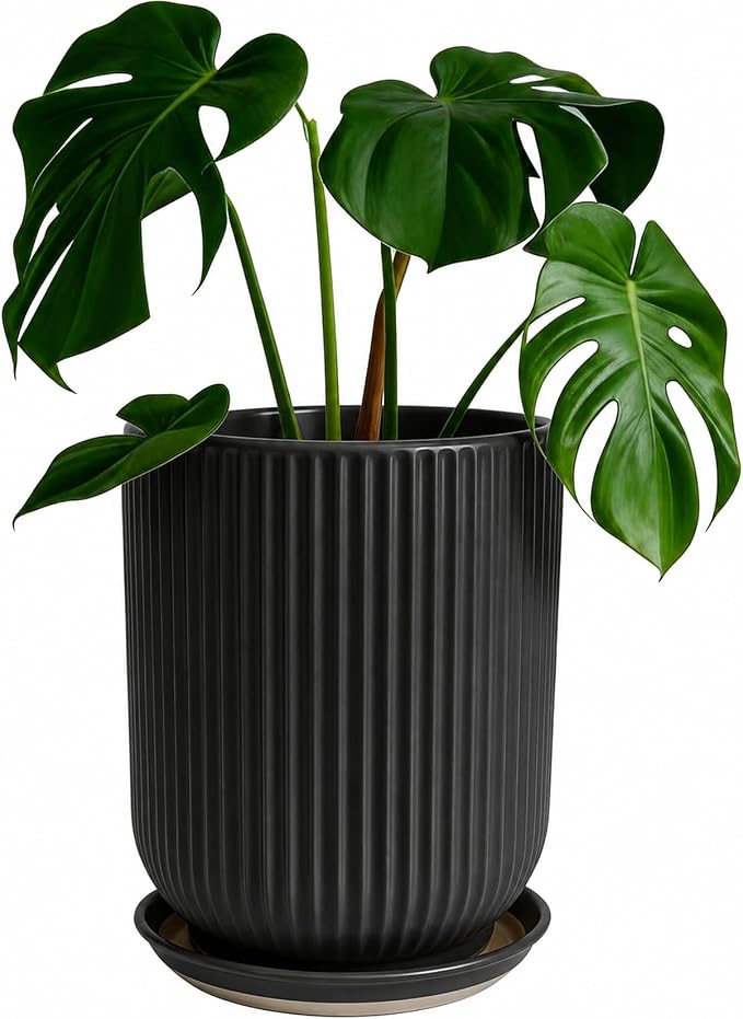 Deep Dream 8 Inch Ceramic Pots for Plants, Heavy Plant Pot for Indoor Outdoor Plants, Large Plant Pot with Drainage Hole and Saucer, Modern Tall Flower Pot, Gifts for Plant Lovers, Black