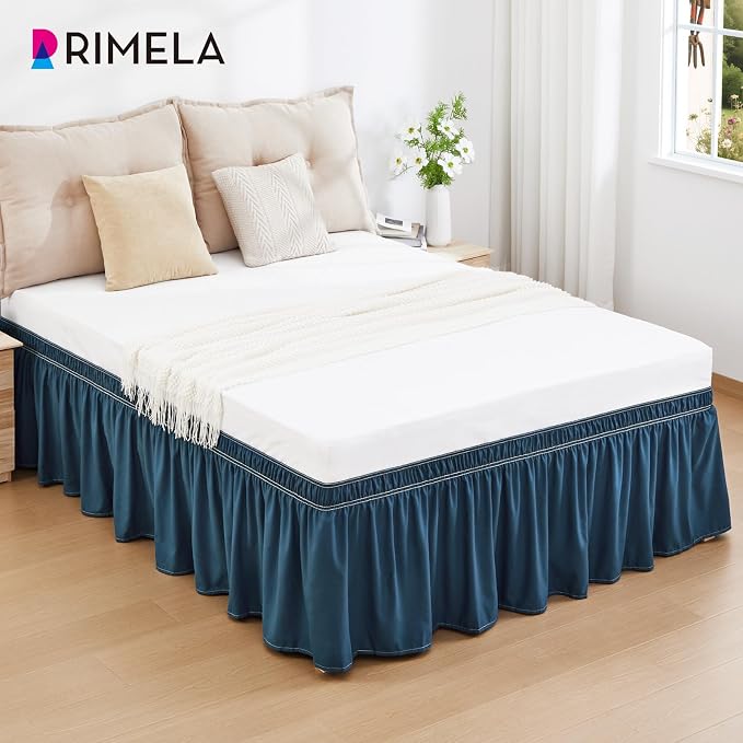 Dusty Navy Bed Skirt Queen Size 18" Drop, Elastic Wrap Around Bedskirt | Solid Ruffled, Easy to Use, No Mattress Lifting, Wrinkle & Fade Resistant, with Adhesive Strips, Machine Wash/Dry/Iron