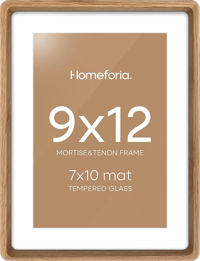 Homeforia 9x12 Mortise&Tenon Natural Oak Picture Frame, 7x10 Mat, Glass