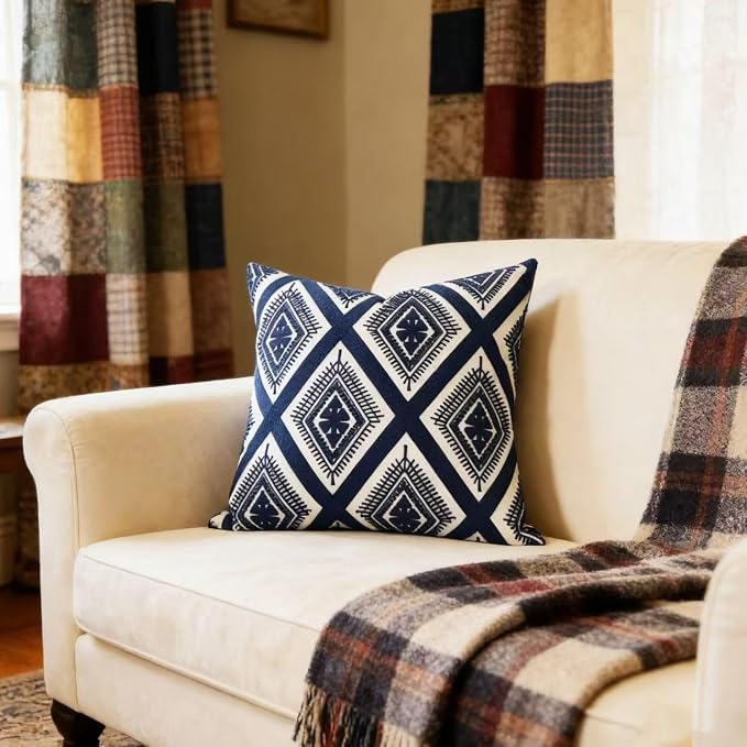 Slow Cow Embroidery Cushion Cover Decorative Invisible Zipper Throw Pillow Cover for Living Room 20 x 20 Inch, Navy Blue