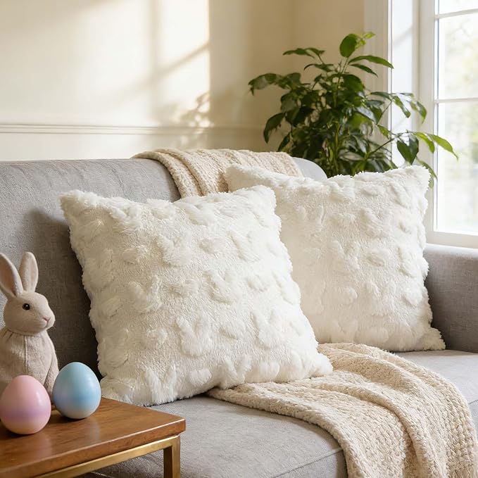 ONFAON Easter Decorations-Easter Day Pillow Covers,18x18 Inch Set of 2, White Heart and Bunny Soft Plush Faux Wool Throw Pillow Case for Bedroom Sofa Holiday Festivals Home Decor