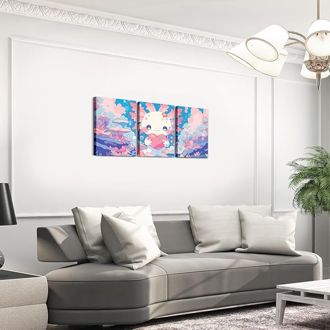 Feelyou Kids Cute Pink Axolotl Wall Painting Posters Kawaii Animal Canvas Wall Art for Living Room Bedroom Girls Ocean Sealife Picture Wall Decor Cartoon Princess Bathroom Wall Art 12"x16"x 3Pcs