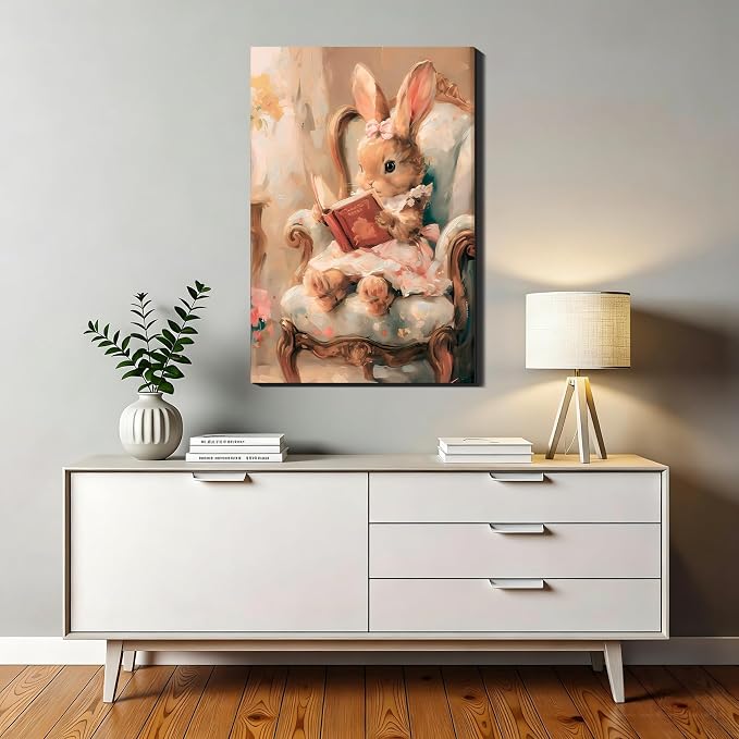 RIBNTAK Large Rabbit Reading Book Canvas Wall Art 24x36, Framed Easter Bunny Art Prints Rustic Paintings Pictures for Kids Friends Home Bedroom Living Room Holiday Wall Decor