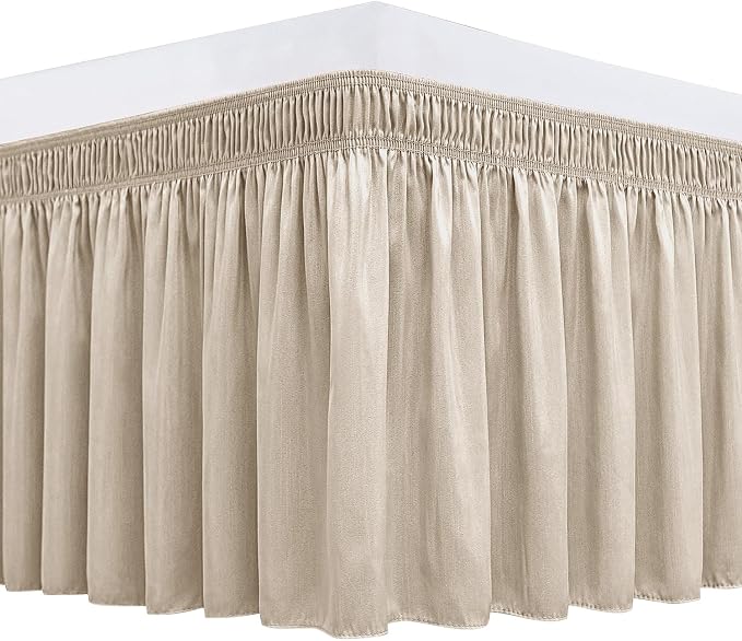 Wrap Around Bed Skirt Full Size 15" Drop-Elastic Dust Ruffle Light Camel | Adjustable Pleated Bedskirt-Easy Fit Wrinkle Resistant Washable Bed Skirting-Hotel Studio Apartment Home Guest Bedroom Rental