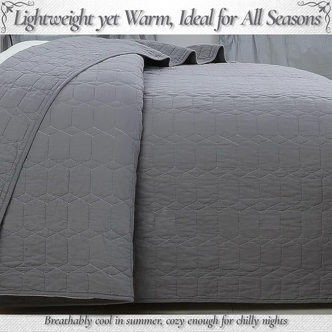 Cozy Line Home Fashions 100% Cotton Quilt Set – 3-Piece Charcoal Gray Solid Classic Modern Geometric Quilted Bedspread with Shams, Lightweight All Season Modern Bedding (Hexagon Gray, King)