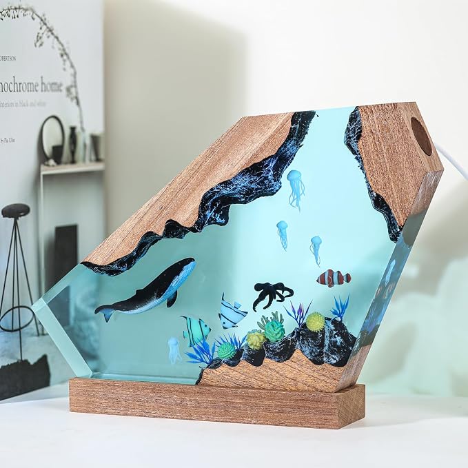 Handmade Blue Whale Resin Lamp with Wood Base