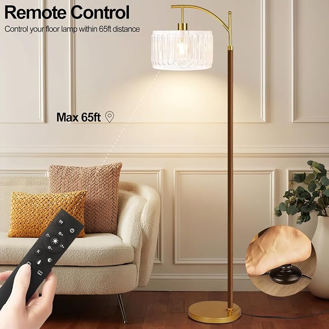 ILLMTW Arc Floor Lamp for Living Room,Bedroom,Glass Mid Century Modern Standing Lamp with Remote Dimmable,Wood Vintage Gold Tall Lamp White Lamp Shade Floor Lights Boho Bohemian Tiffany Style