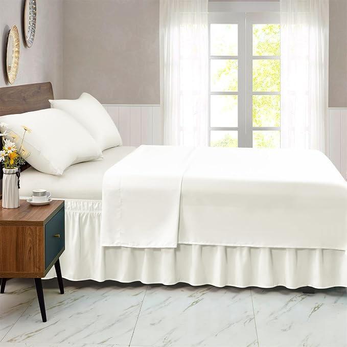FreshCulture Elastic Wrap Around Bed Skirt - Easy Fit with 18-Inch Tailored Drop, Hotel Quality Dust Ruffle for Full Size Bed (Cream)