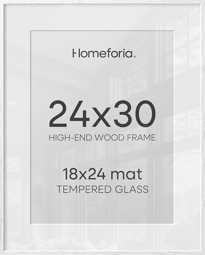 Homeforia 24x30 White Oak Picture Frame, High-End Wood, 18x24 Mat, Glass