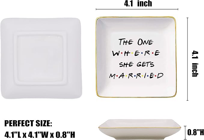 Topthink The One Where She Gets Married-Gift for Women-Engagement-Bride to Be-Newly Engaged-Bridal Shower Gift for Bride-Bachelorette Party Present-Ceramic Jewelry Holder Ring Dish Trinket Tray