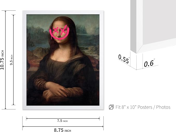 Poster Master Mona Lisa Painting Poster - Smile Face Print - Altered Art - Pop & Defaced Art - Gift for Men & Women - Minimal Decor for Office, Bedroom or Living Room, 8x10 White Framed